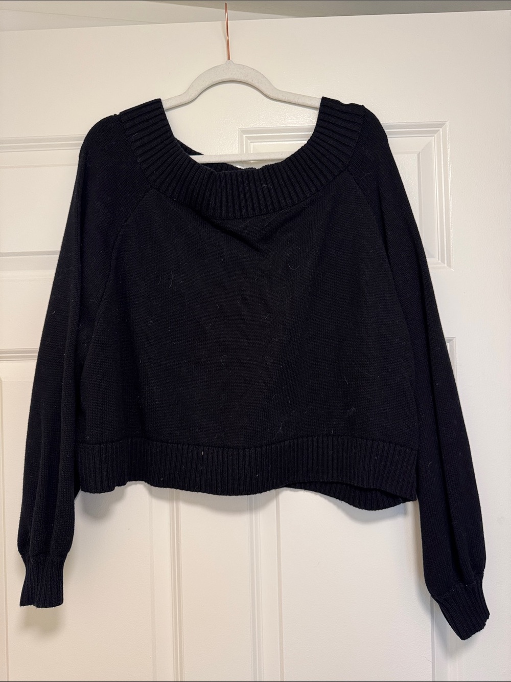 Black Cropped Rib-Trim Off The Shoulder Sweater - Women
